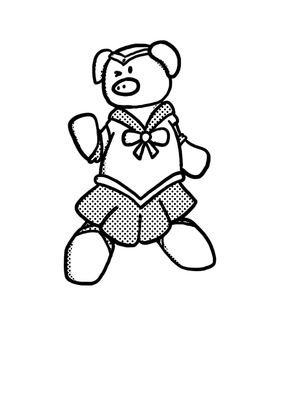 black and white drawing of Piggy in a Sailor moon uniform and tiara winking